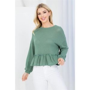 Green Dolman Sleeve Waffle Knit Ruffle Hem Top